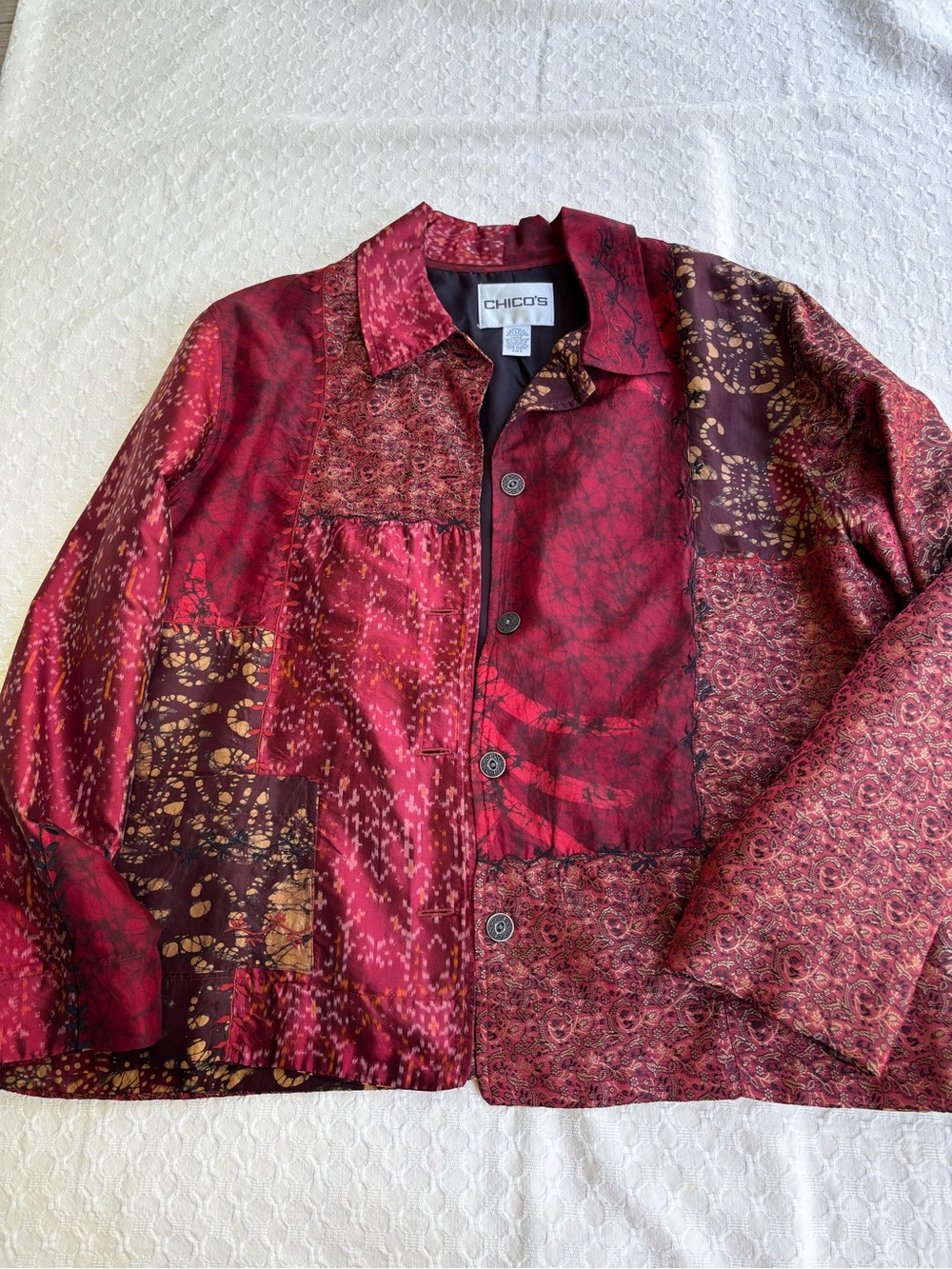 Chico's Patchwork Satin Blazer in Deep Red and Wine
